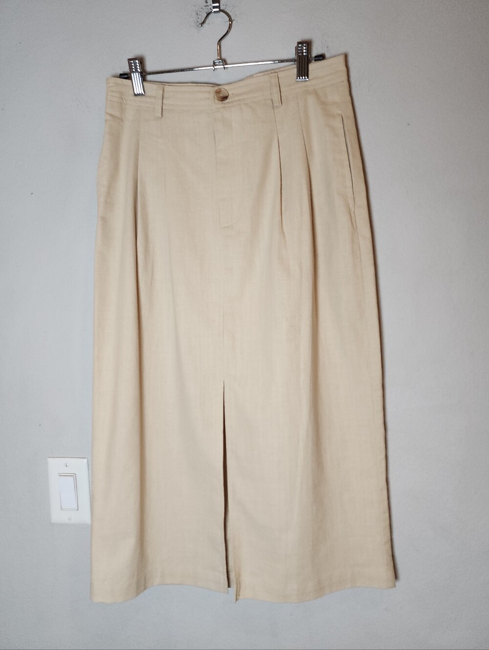 New S/M Mod Ref Linen Cotton Beige Pleated Midi Skirt Front Slit Vent Medium